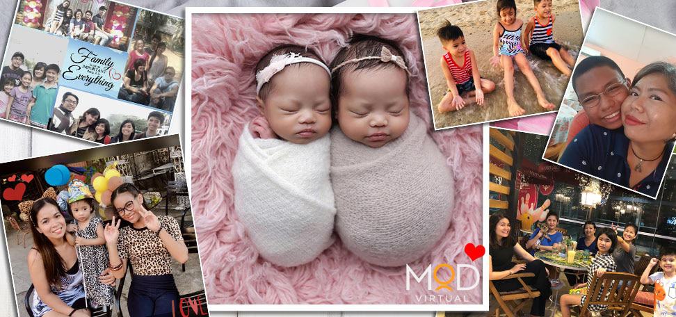 collage of virtual assistant family photos centered around two babies wrapped