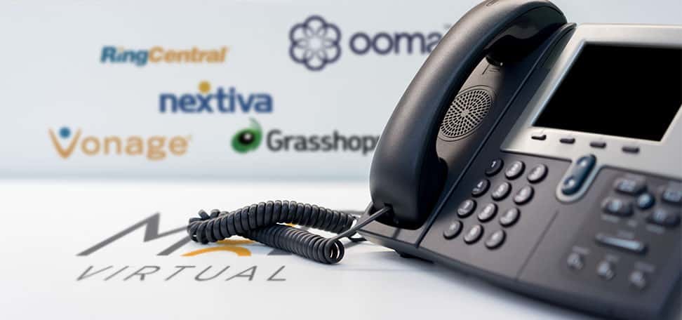 a phone next to myoutdesk logo with vonage ringcentral nextiva grasshopper and ooma in the background