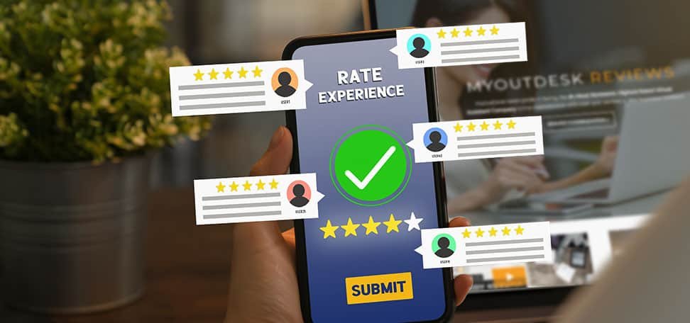a phone with a rate experience checkmark graphic and 5 stars and submit button with virtual reviews