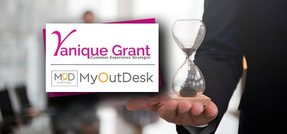 yanique grant customer experience strategist with myout desk a hand holding an hour glass