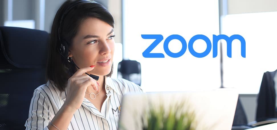 virtual assistant remote working on a zoom call with a zoom logo