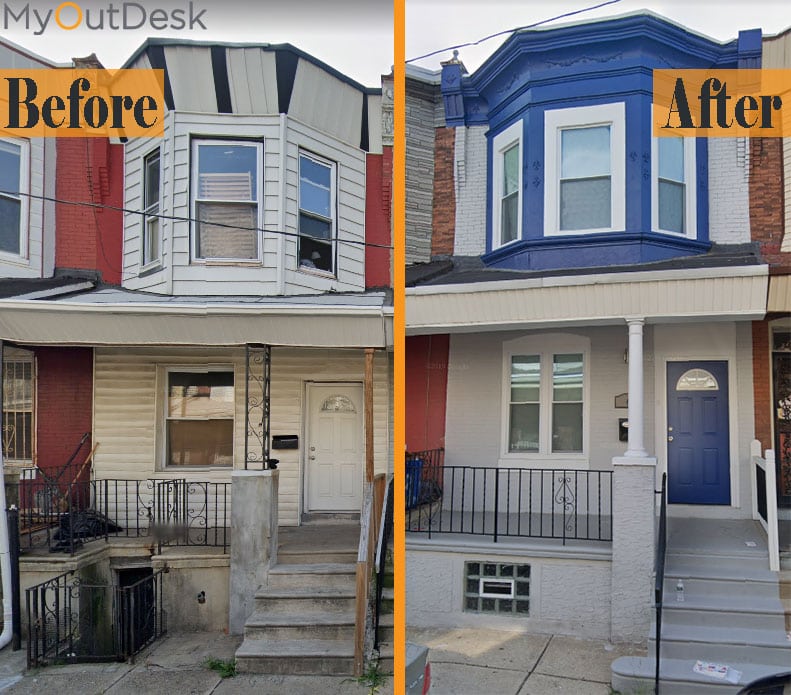 Before and after comparison of Philadelphia homes renovated through the HOW Group partnership with MyOutDesk MOD Movement