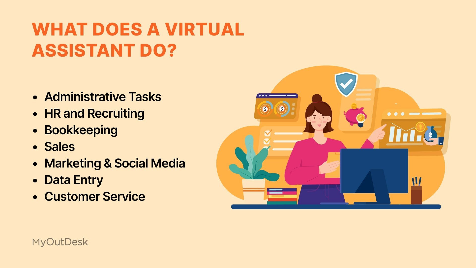 What does a virtual assistant do? Administrative tasks, HR and recruiting, bookkeeping, sales, marketing and social media, data entry, customer service, and more!