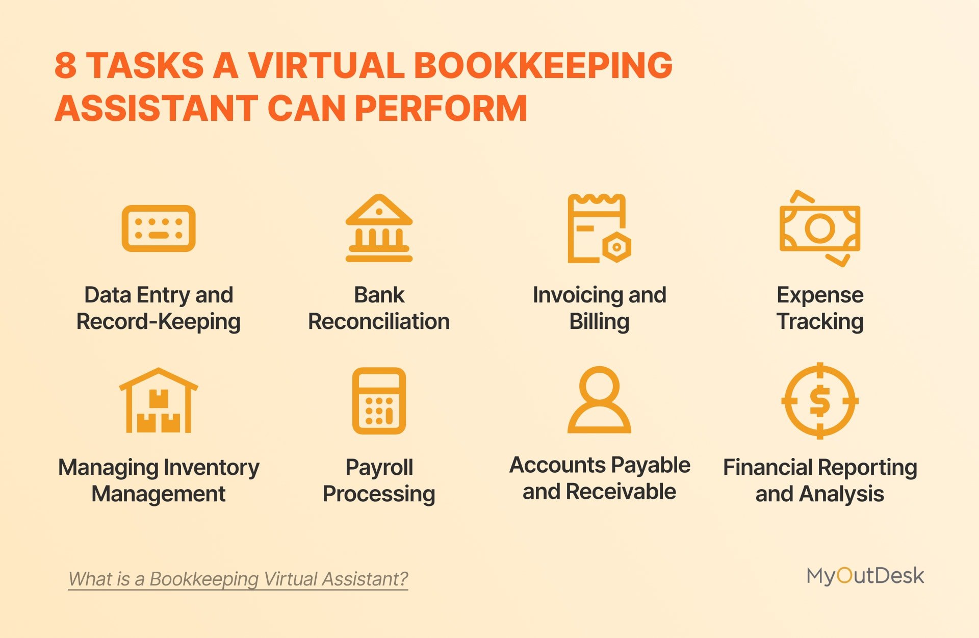 8 tasks a bookkeeping virtual assistant can perform: data entry, reconciliation, invoicing, expense tracking, inventory management, payroll processing, accounts payable and receivable, and reporting