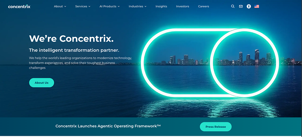 Screenshot of Concentrix’s homepage featuring the tagline “We’re Concentrix.” A glowing neon logo shines over a city skyline at dusk, with navigation links and buttons for “About Us” and “Press Release”—plus insights on What is Customer Service Outsourcing?.