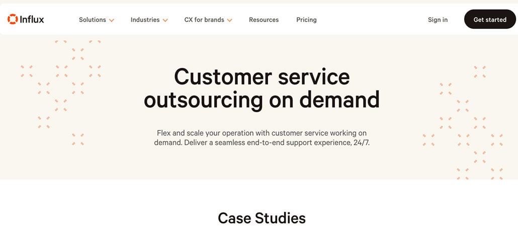 Screenshot of Influx's website homepage with the headline What is Customer Service Outsourcing? and navigation menu options like Solutions, Industries, and Pricing at the top. There are buttons for Sign in and Get started.