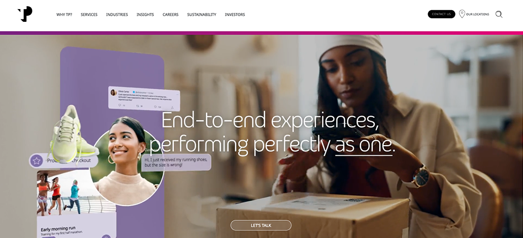 A woman wearing a white headband opens a cardboard box. Overlaid graphics show a running shoe, chat bubbles, and the text “End-to-end experiences, performing perfectly as one.” What is Customer Service Outsourcing? Discover seamless support in action.