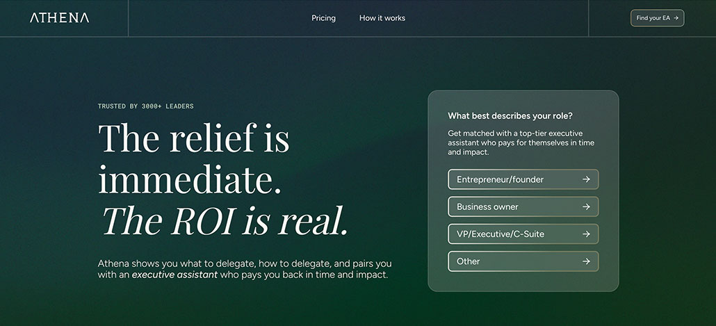 Screenshot of Athena’s website homepage, highlighting a headline: The relief is immediate. The ROI is real. As one of the best virtual assistant companies, Athena features a form on the right for users to select their role, such as Entrepreneur/founder or Business owner.