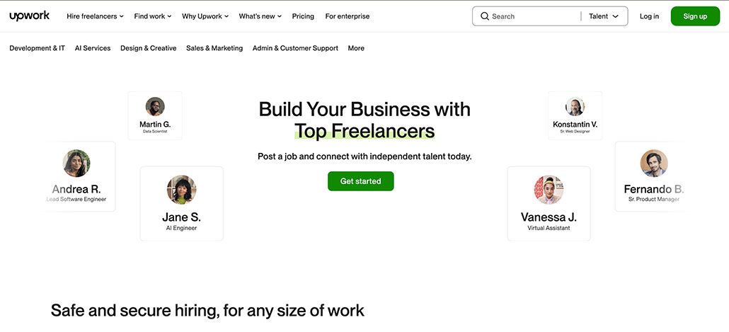 Screenshot of Upwork’s homepage showing the text “Build Your Business with Top Freelancers” above a green “Get started” button, with profile photos and job titles—like those from the best virtual assistant companies—surrounding the main message.