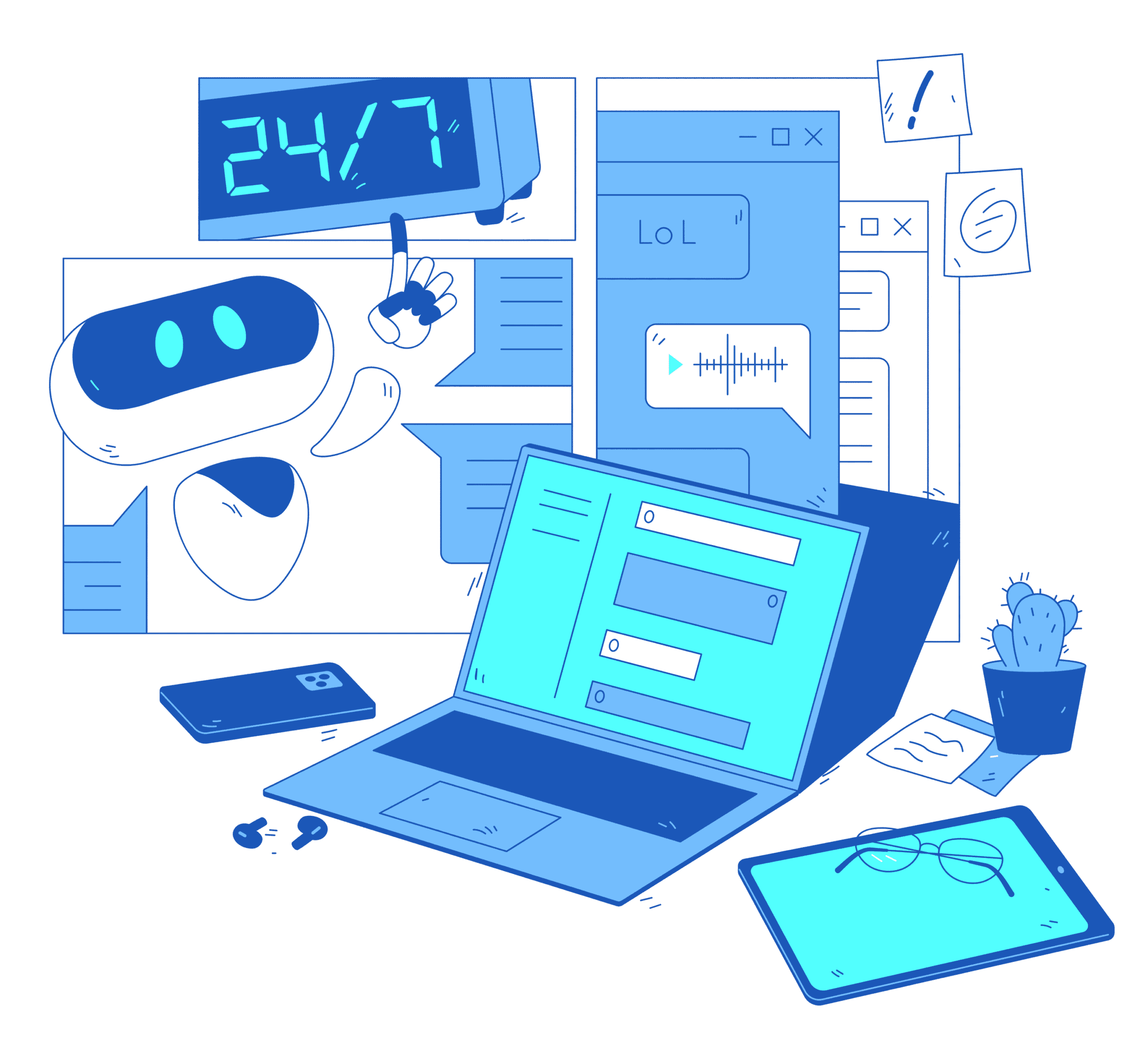AI chatbot robot, AI service A cheerful robot points to a glowing 24/7 sign above several computer screens, highlighting AI in Customer Service. A laptop, smartphone, tablet, glasses, plant, and sticky notes sit on a cluttered desk.
