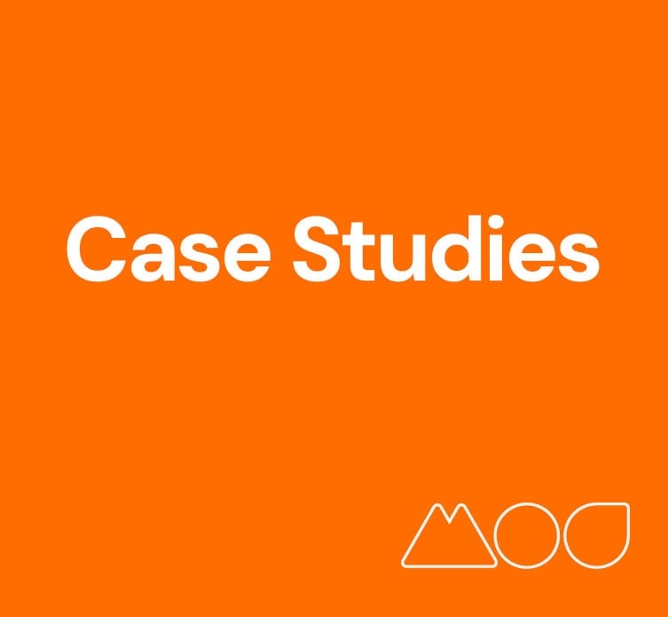 White text on an orange background reads Case Studies. In the lower right corner, three simple white geometric shapes add a modern touch, highlighting the focus on case studies.