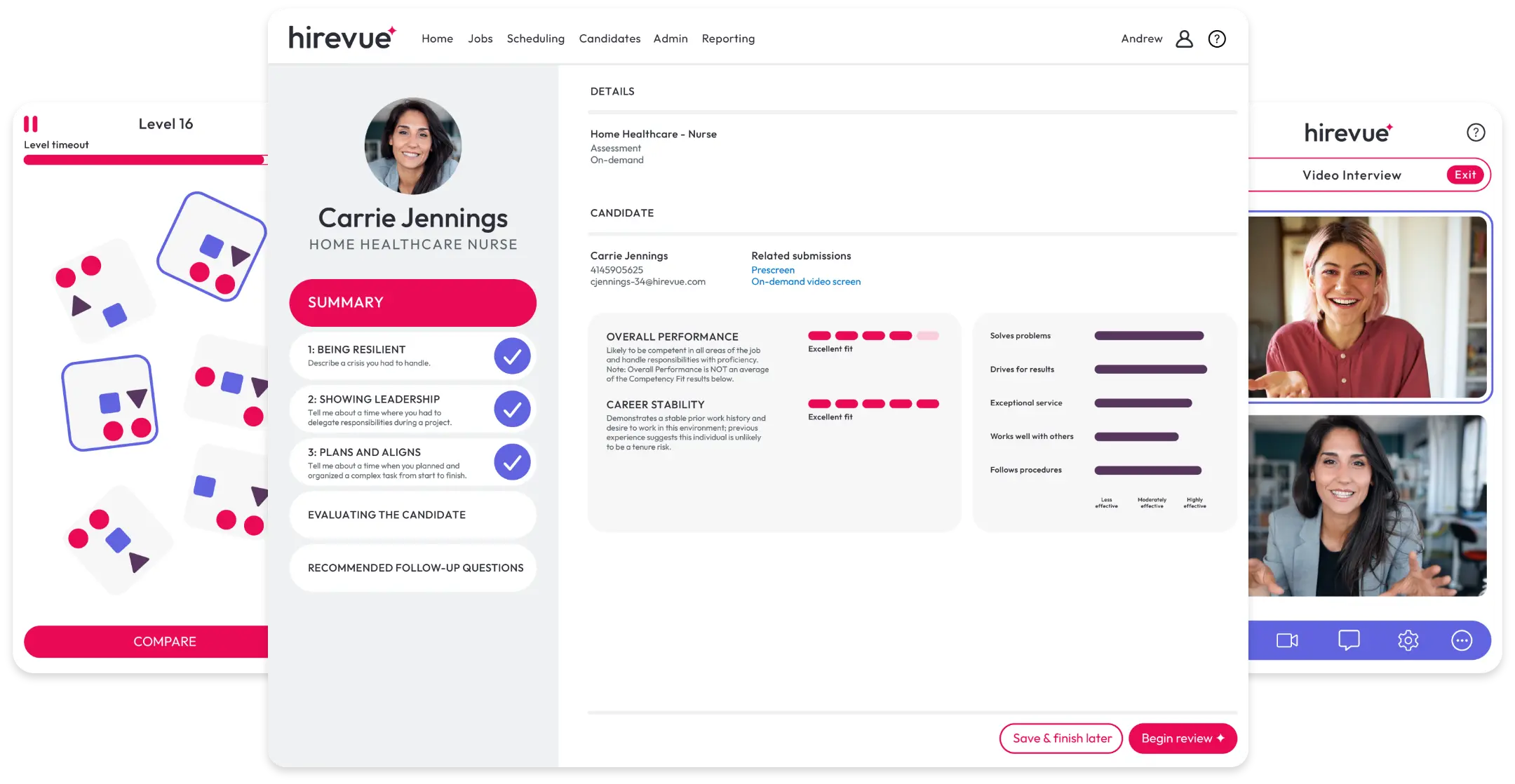 Screenshot of a candidate profile for Carrie Jennings on HireVue, featuring her photo, summary, ratings, and assessment details. Two women appear in video interview screens on the right side, highlighting roles related to healthcare virtual assistants.