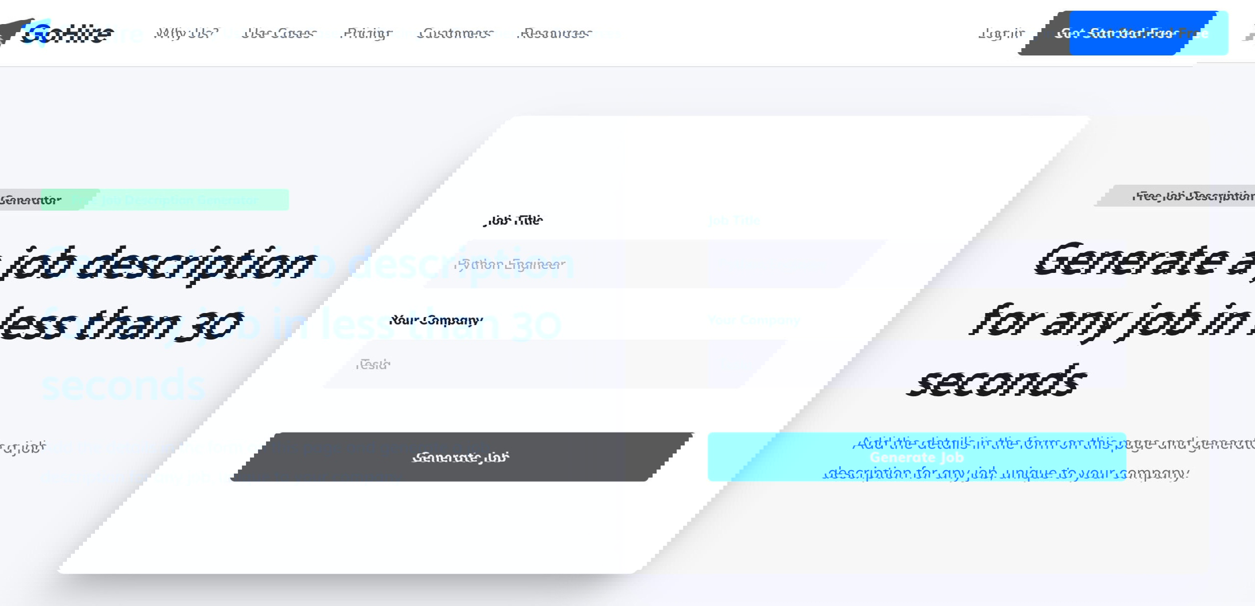 A web page from GoHire displays a section to generate a job description. It features a form for job title and company, highlights healthcare virtual assistants, and includes a Generate Job button plus a banner labeled Free Job Description Generator.
