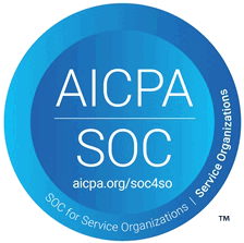 A blue circular badge featuring the text AICPA SOC in the center and aicpa.org/soc4so below it, highlighting Compliance and Security for Service Organizations around the outer ring.