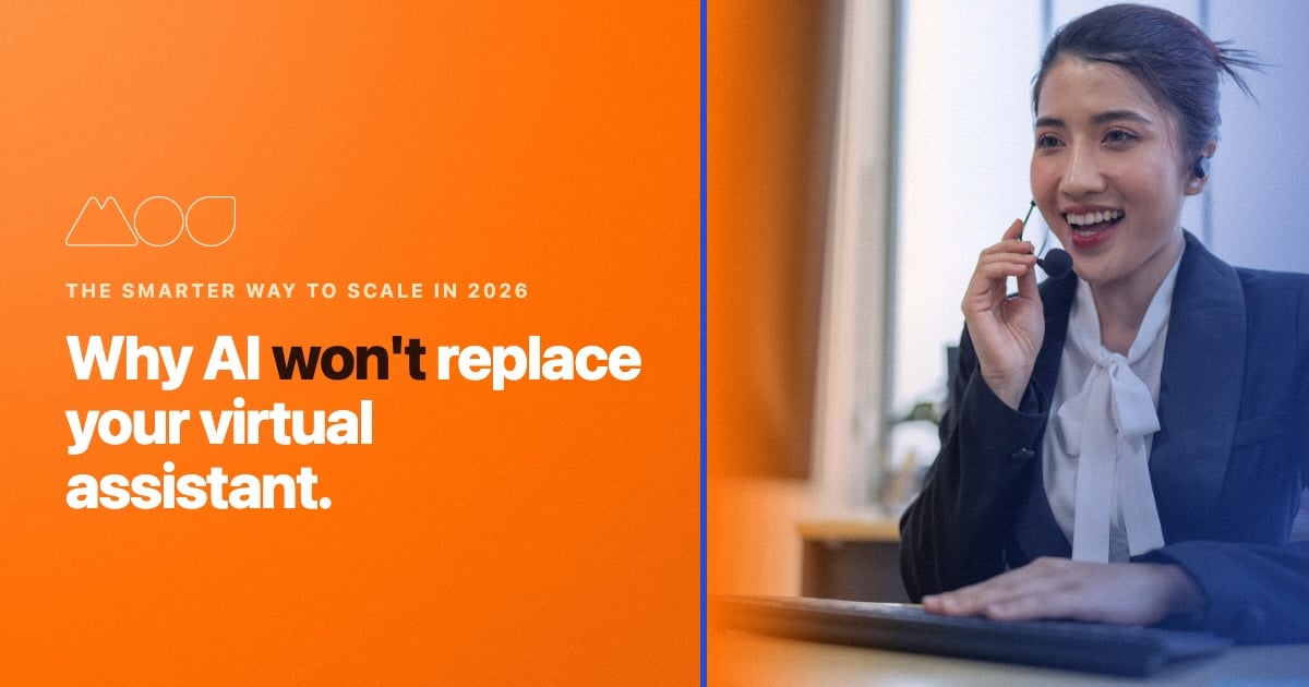 A smiling woman in business attire uses a headset at her desk. Next to her, orange text reads: Why AI won’t replace your virtual assistant. Discover the smarter way to scale your business in 2026.